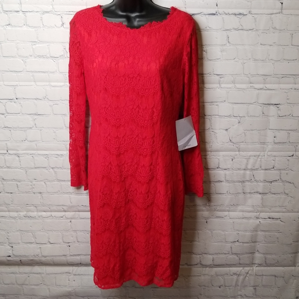 J S Collections red lace dress long sheer sleeves with an open heart back